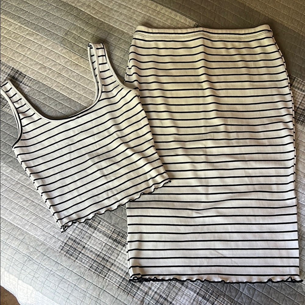 Striped Ribbed Tank and Midi Skirt Set - Black & White
